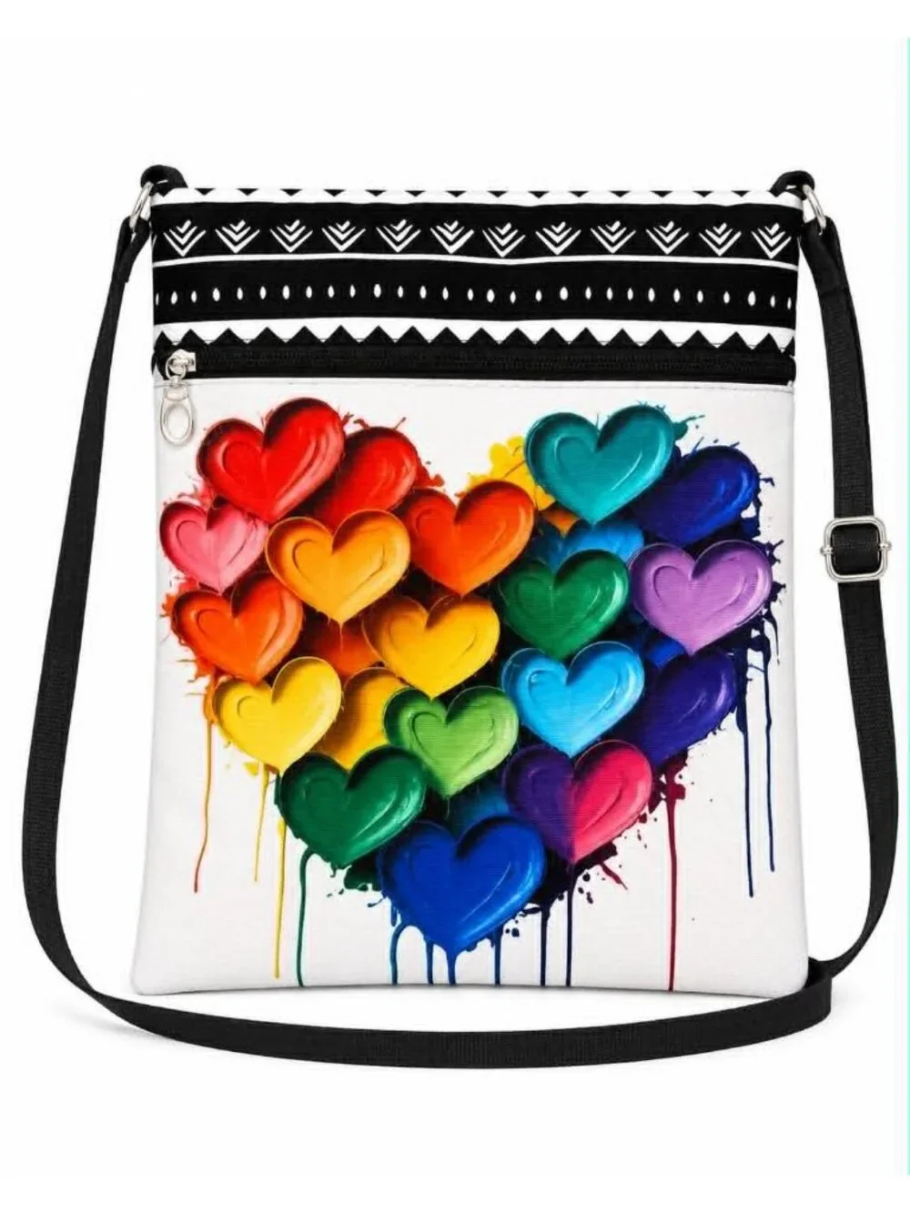 Rainbow Hearts Crossbody Bag with Adjustable Black Strap